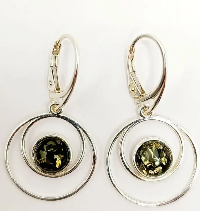 Boucles pendantes cercles – Ambre verte et Argent