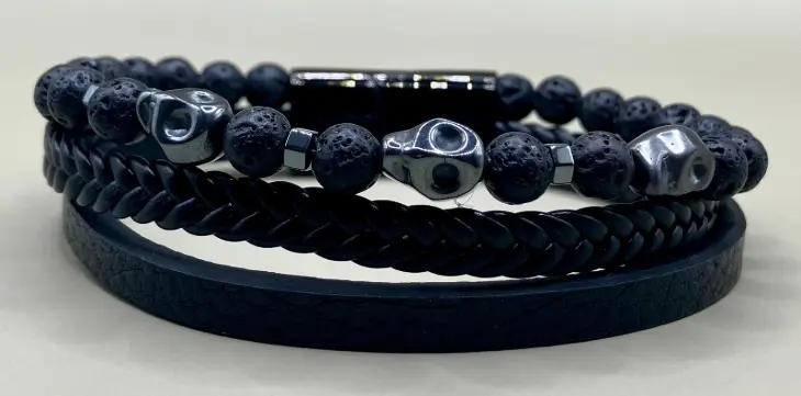 Bracelet cuir noir Pierre de Lave