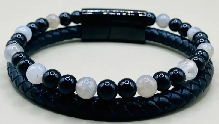 Bracelet cuir noir Labradorite Onyx