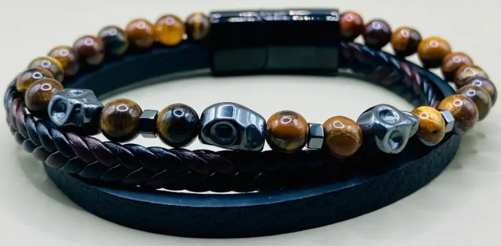 Bracelet cuir noir Œil de Tigre