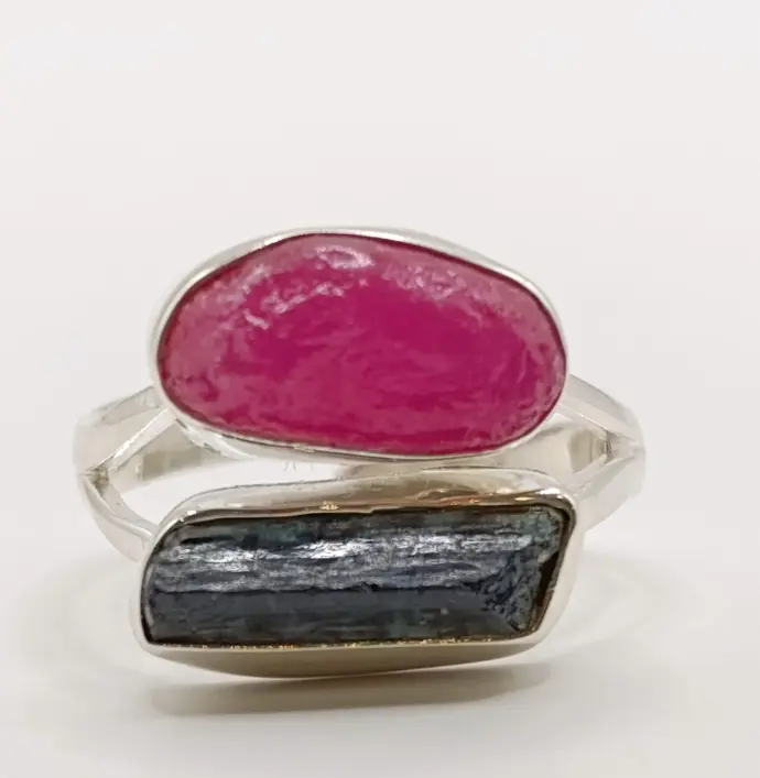 Bague Rubis Brut et Tourmaline Noire en Argent 925 Taille 54