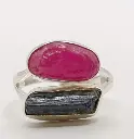 Bague Rubis Brut et Tourmaline Noire en Argent 925 Taille 54