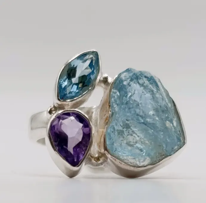 Bague Aigue Marine - Topaze - Améthyste en Argent 925