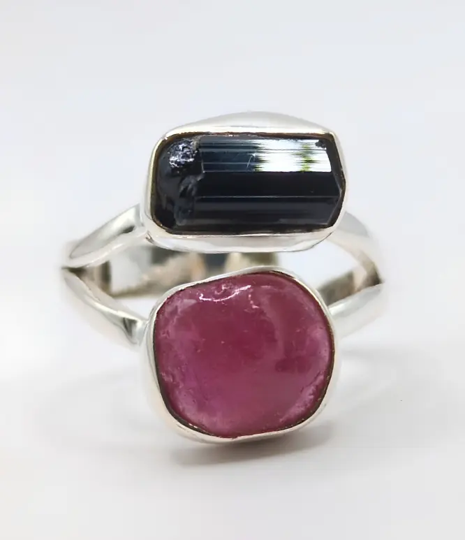 Bague Rubis Brut et Tourmaline Noire en Argent 925 Taille 48