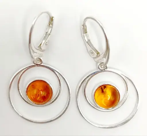 Boucles pendantes cercles – Ambre Jaune et Argent