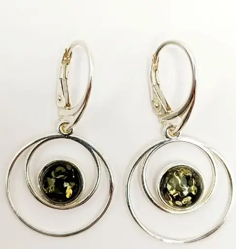Boucles pendantes cercles – Ambre verte et Argent