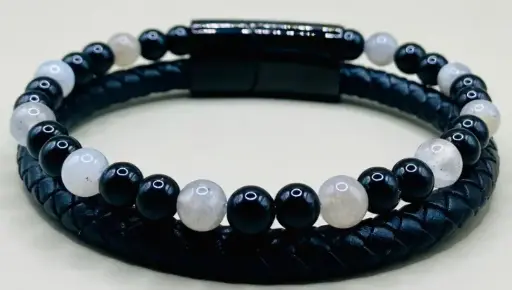 Bracelet cuir noir Labradorite Onyx