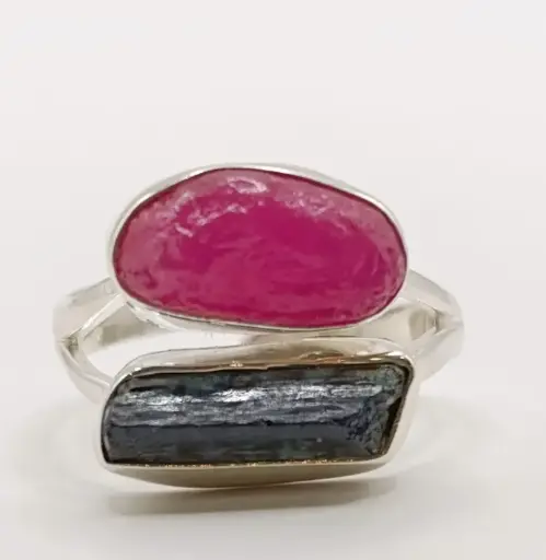 Bague Rubis Brut et Tourmaline Noire en Argent 925 Taille 54