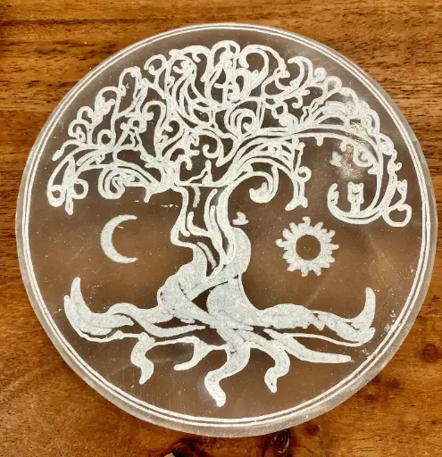 Plaque de Sélénite rechargement Arbre de vie Lune et Soleil